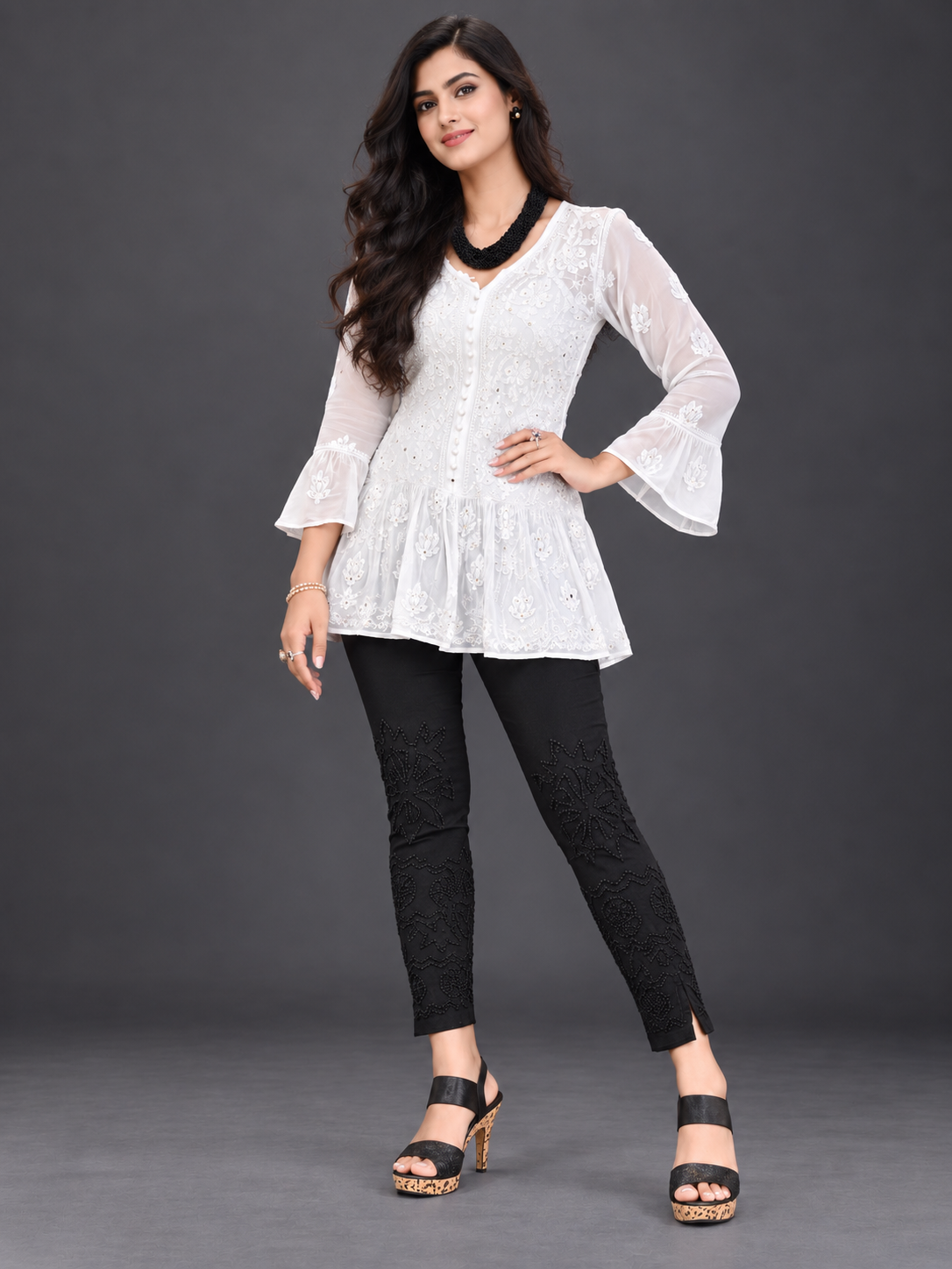 Hebe black chikankari cotton pant