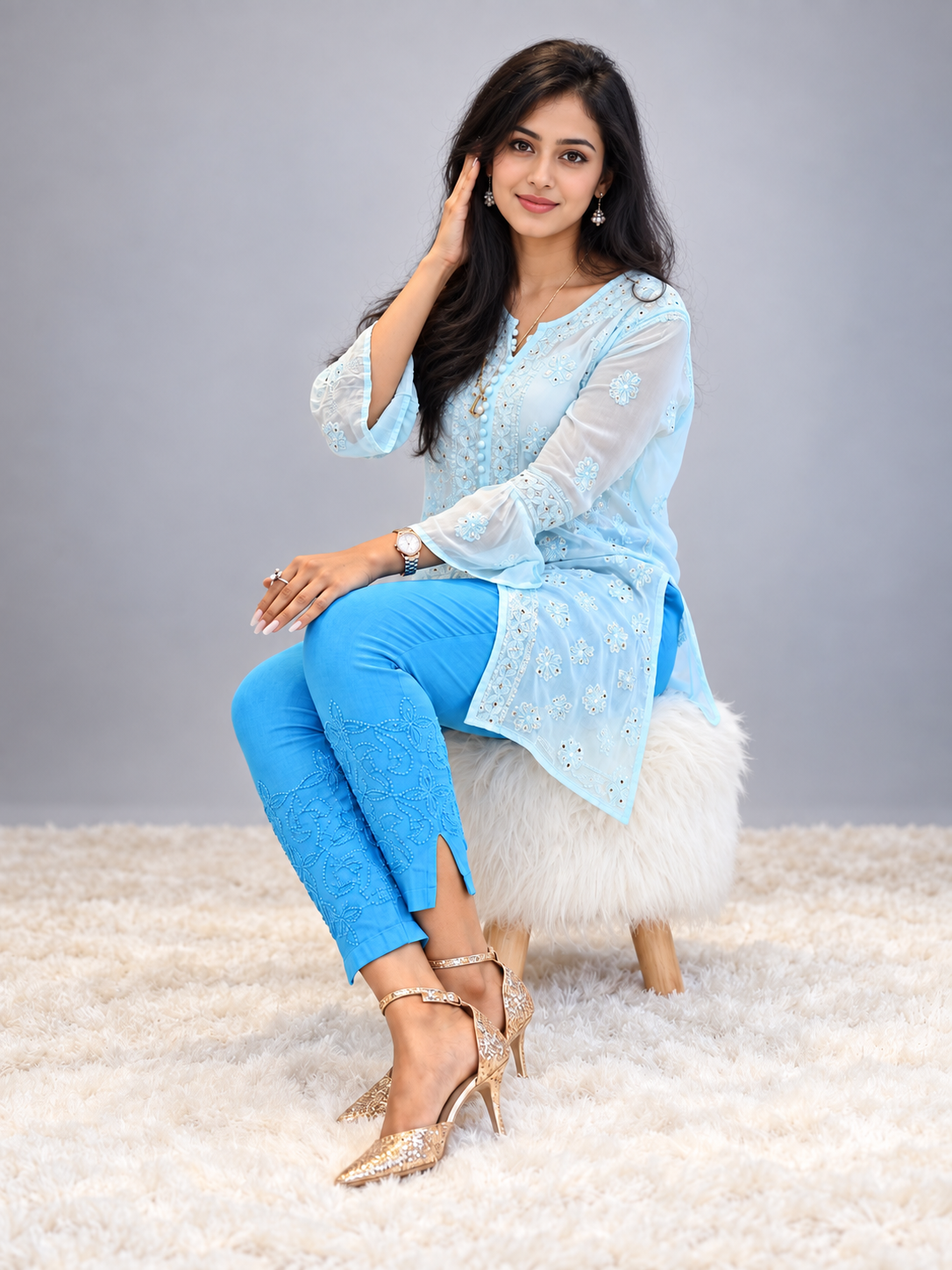 Hebe cerulean blue chikankari stretch pant
