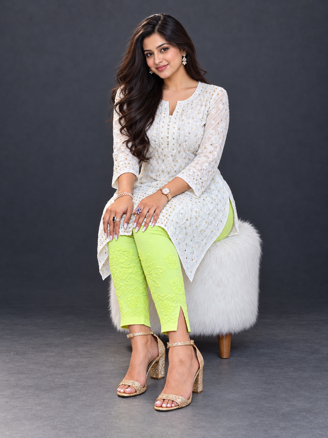 Hebe neon green chikankari stretch pant