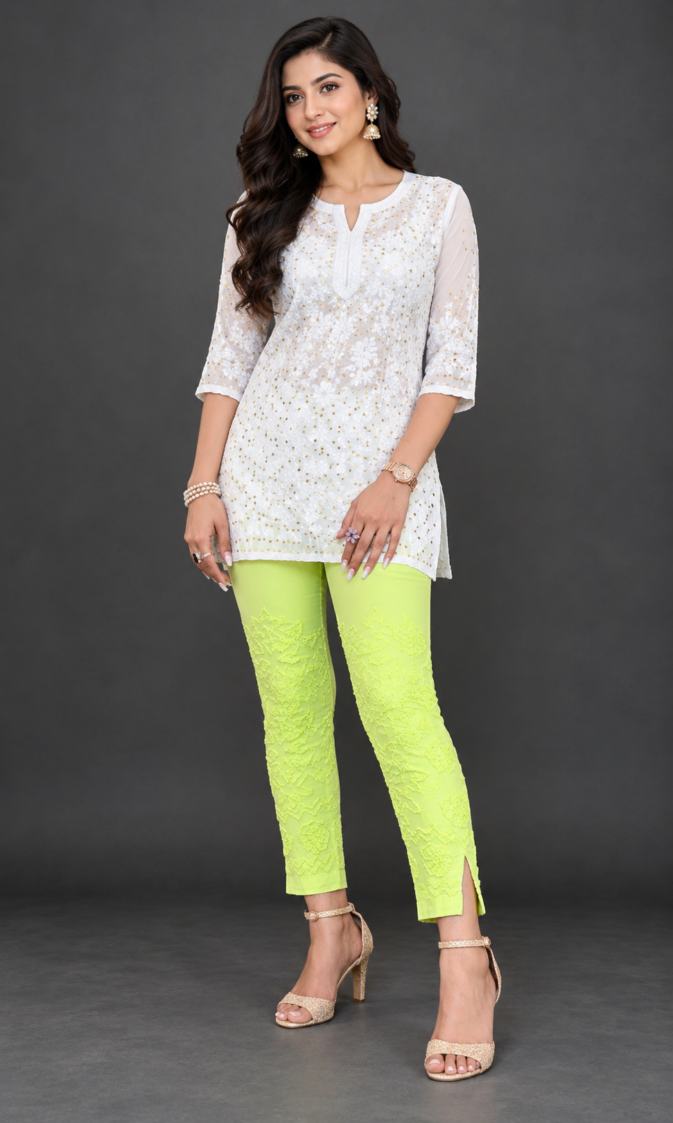 Hebe neon green chikankari stretch pant