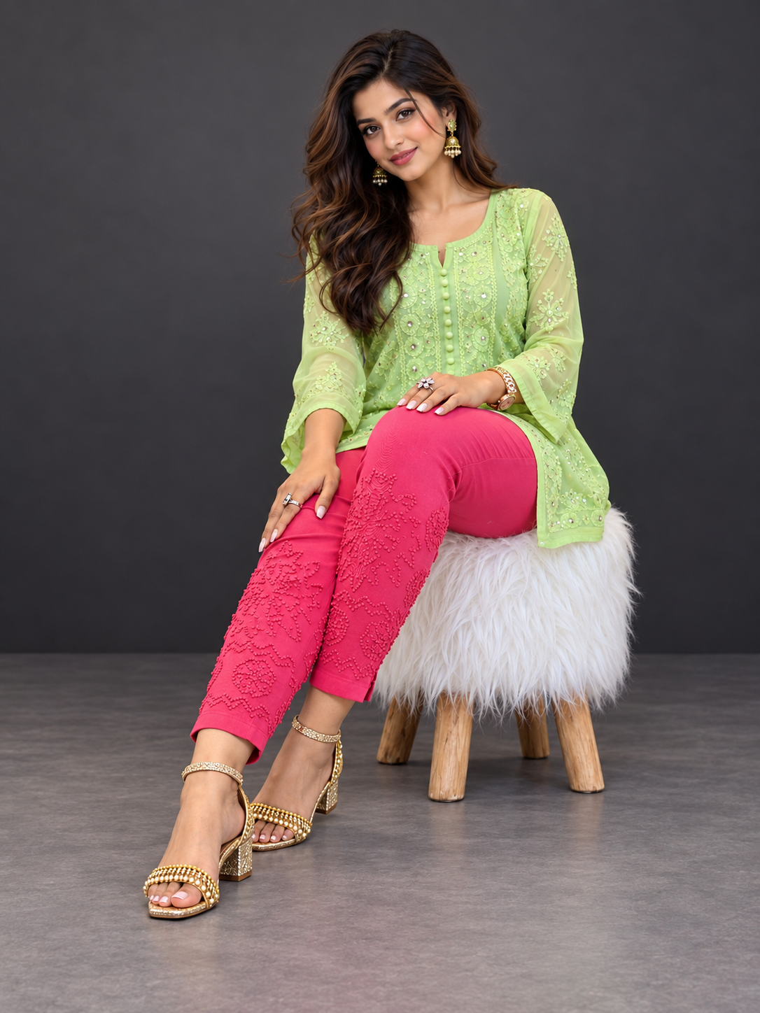 Hebe stretch pant deep pink with side pockets and drawstring elastic waistband.
