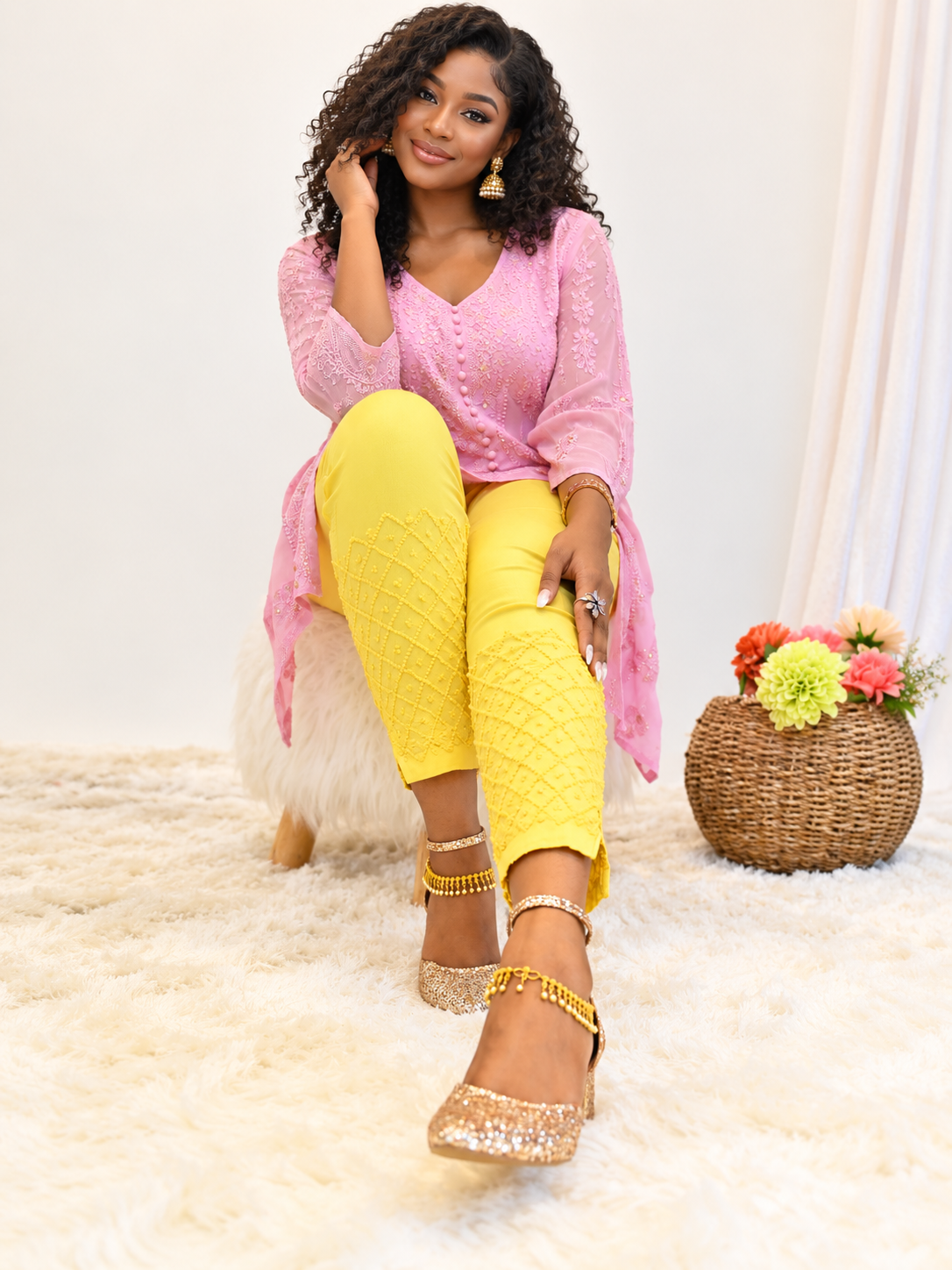 Hebe yellow chikankari stretch pants