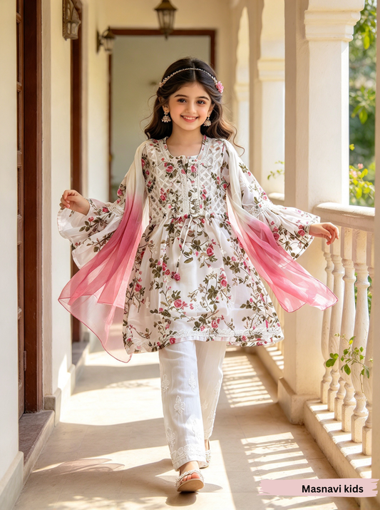 Hom Pari chikankari white floral georgette dress