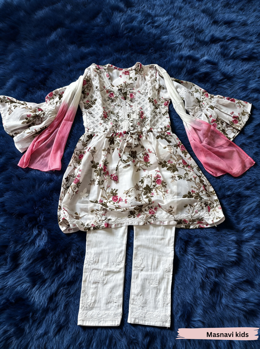 Hom Pari chikankari white floral georgette peplum  dress