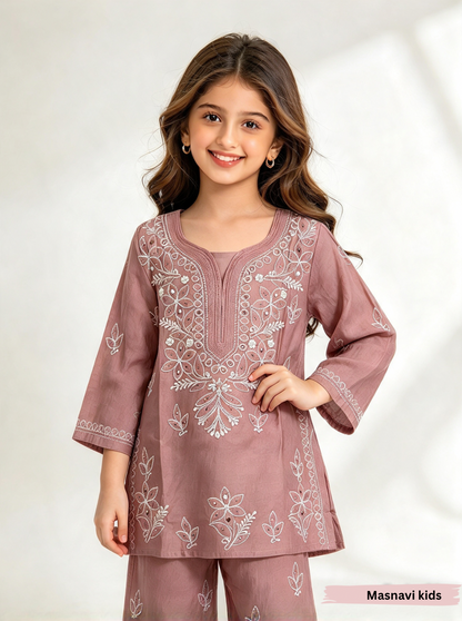 Hom choco brown chikenkari little Cinderella Ethnic dress