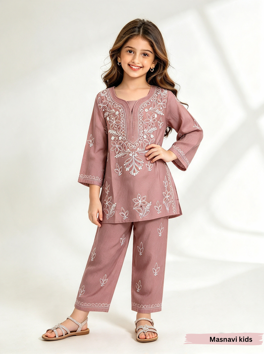 Hom choco brown chikenkari little Cinderella Ethnic dress set