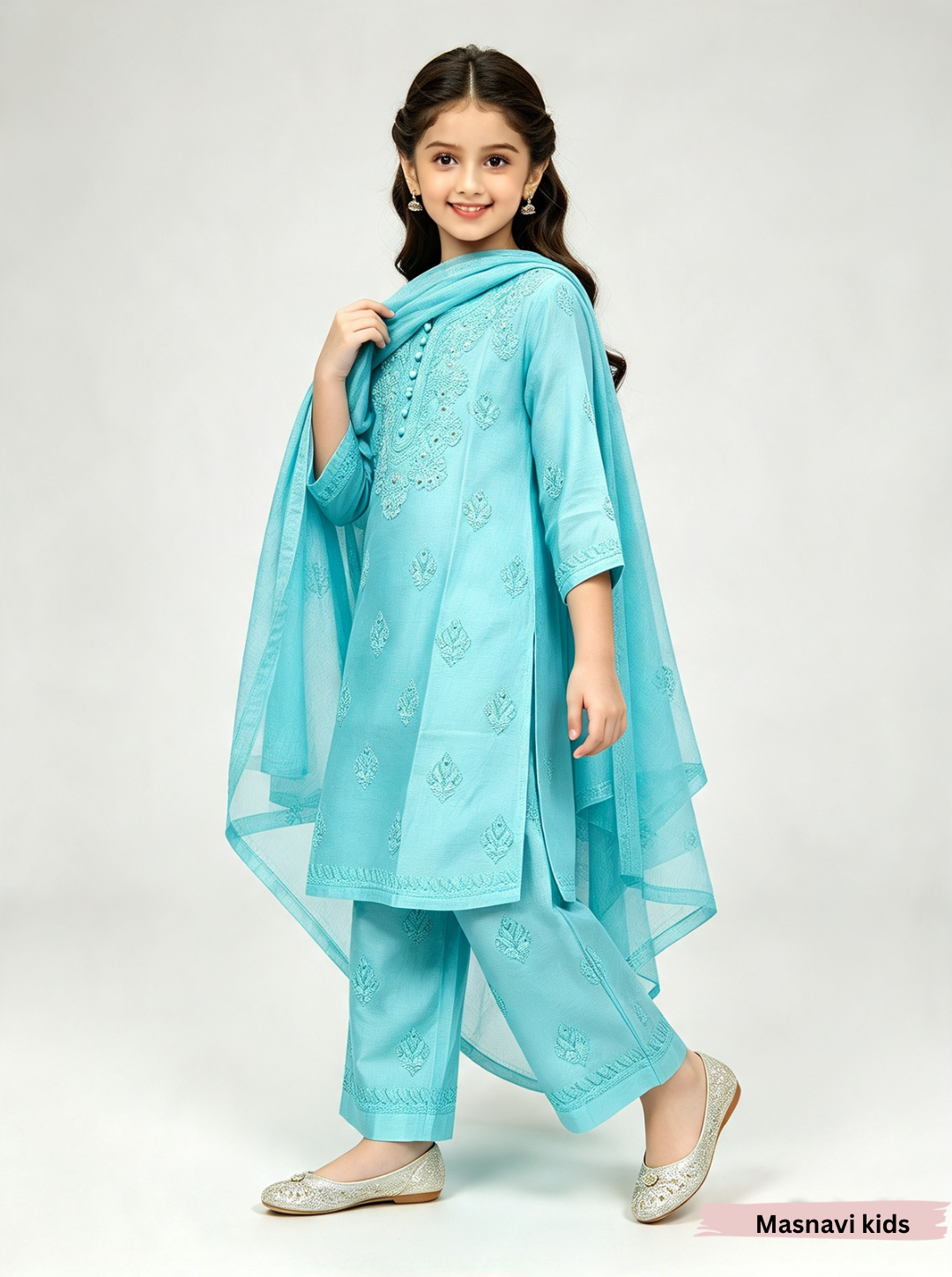 Hom girl chikankari festive teal blue kurti set