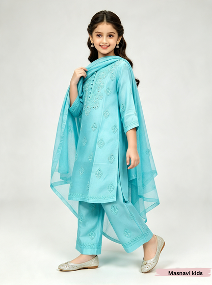 Hom girl chikankari festive teal blue kurti set