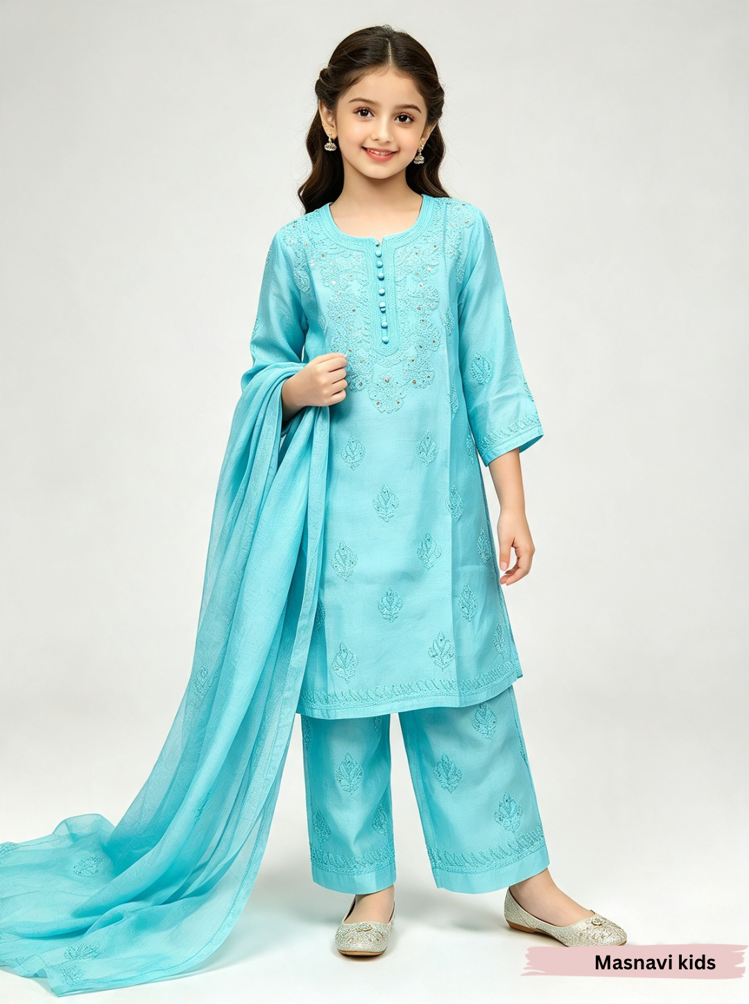 Hom girl chikankari festive teal blue kurti set