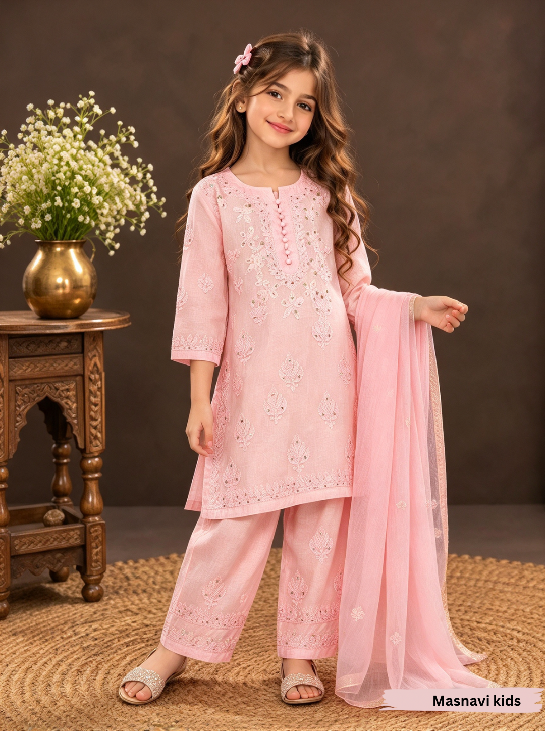 Hom little Cinderella  blush pink chikankari chanderi dress set