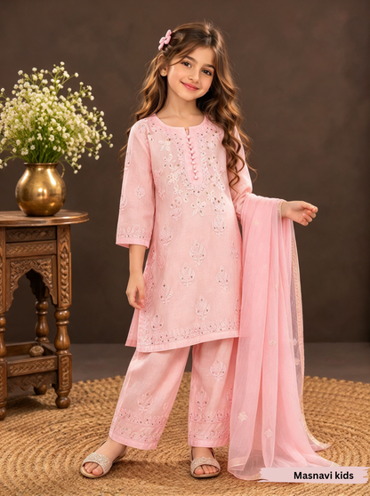 Hom little Cinderella  blush pink chikankari chanderi dress set