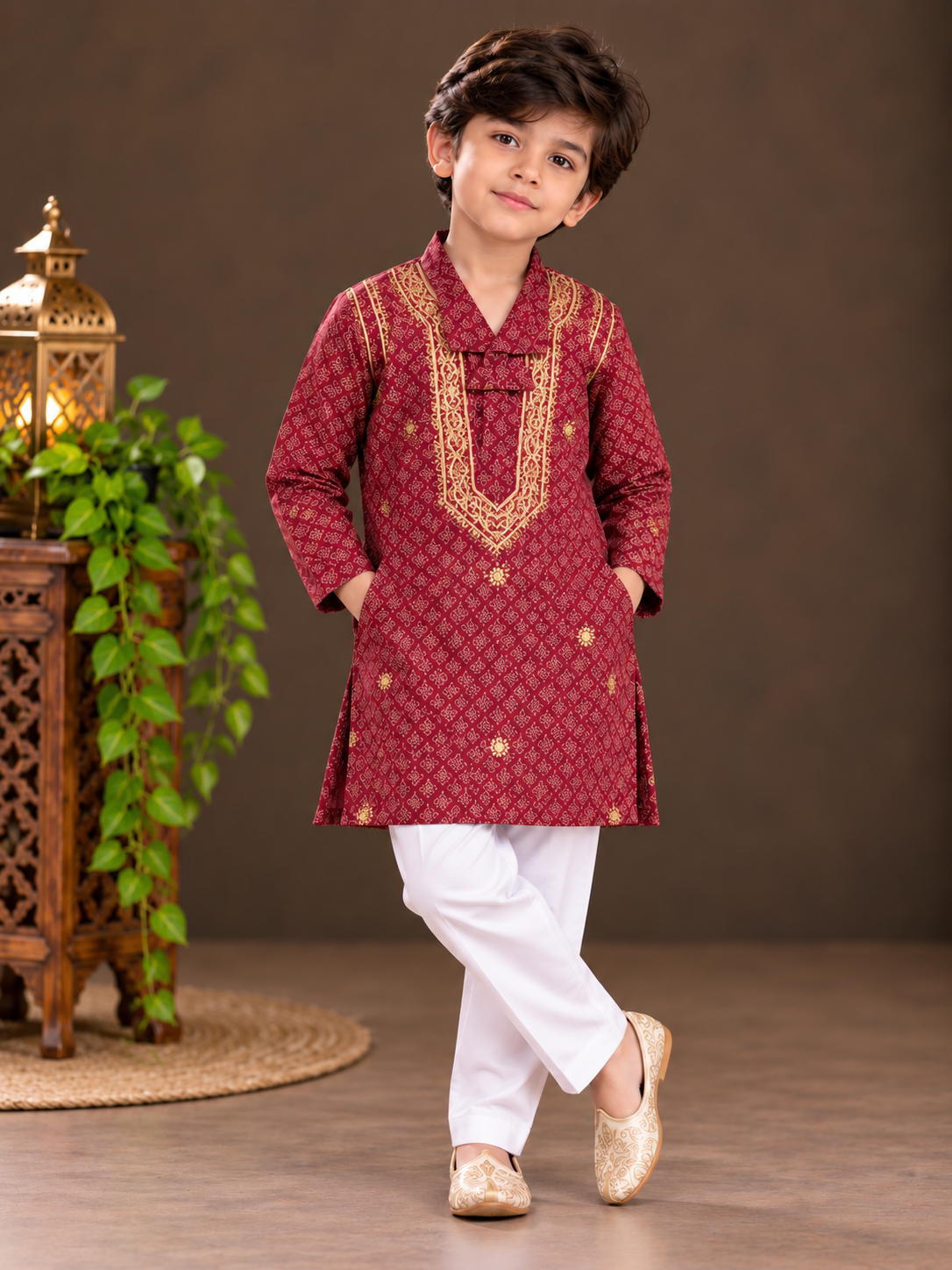 Hom little Saahab Chikankari red kurta Set