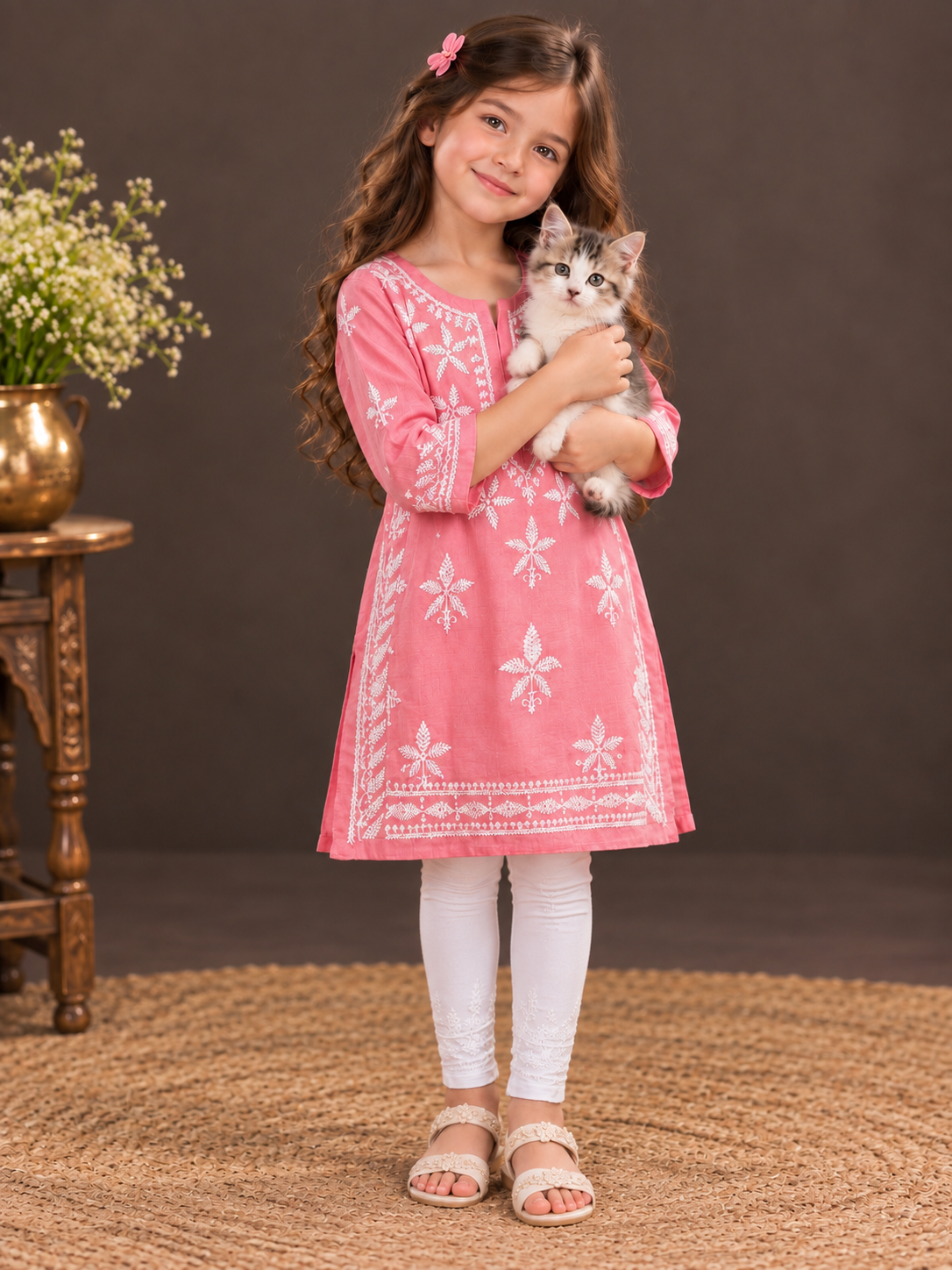 Lizi bizi soft cotton chiknakari pink dress
