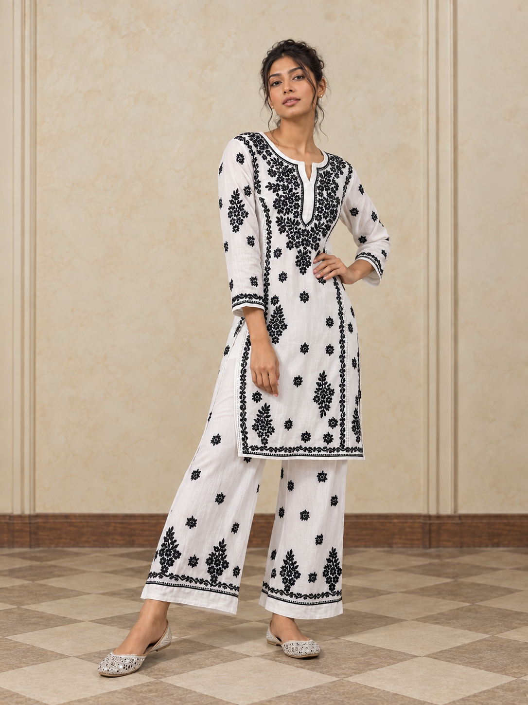 Hom pure chanderi silk white chikankari kurti sets