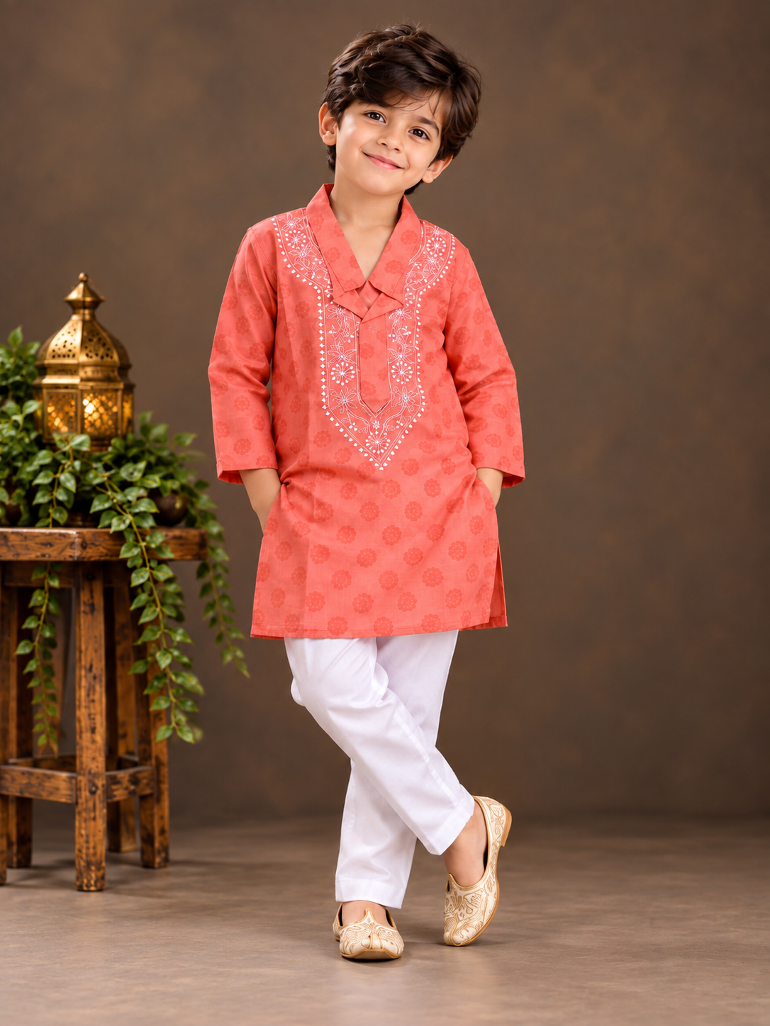 Hom wow chikankari kurta boy carrot red