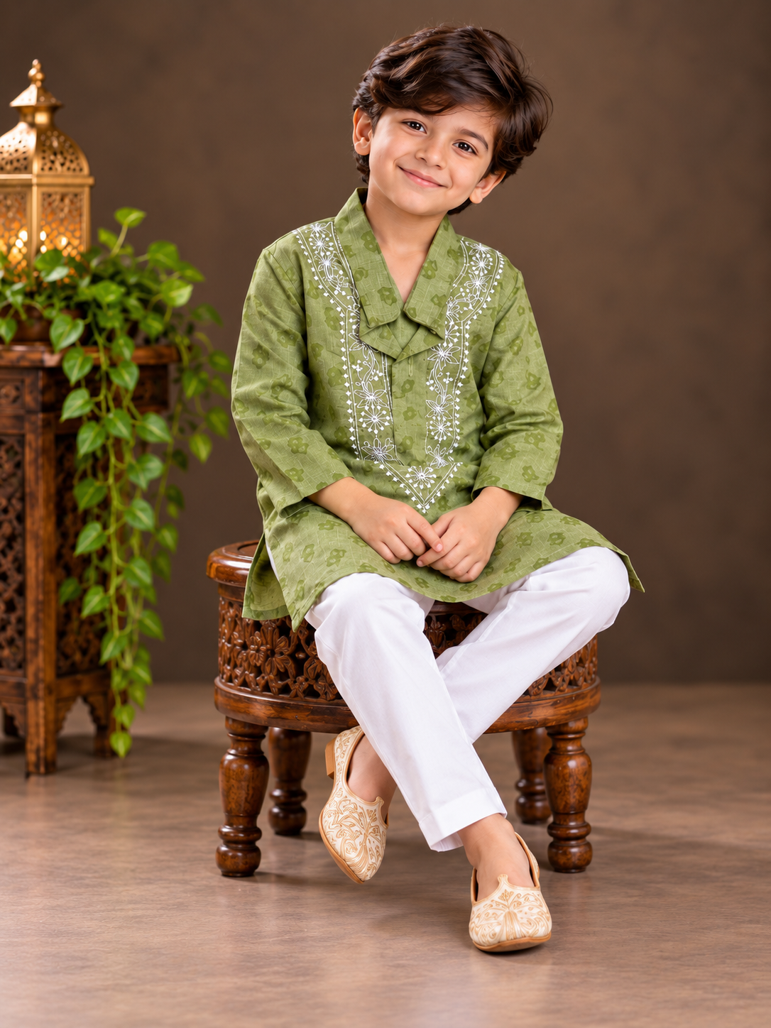 Hom wow olive green chikankari boy kura