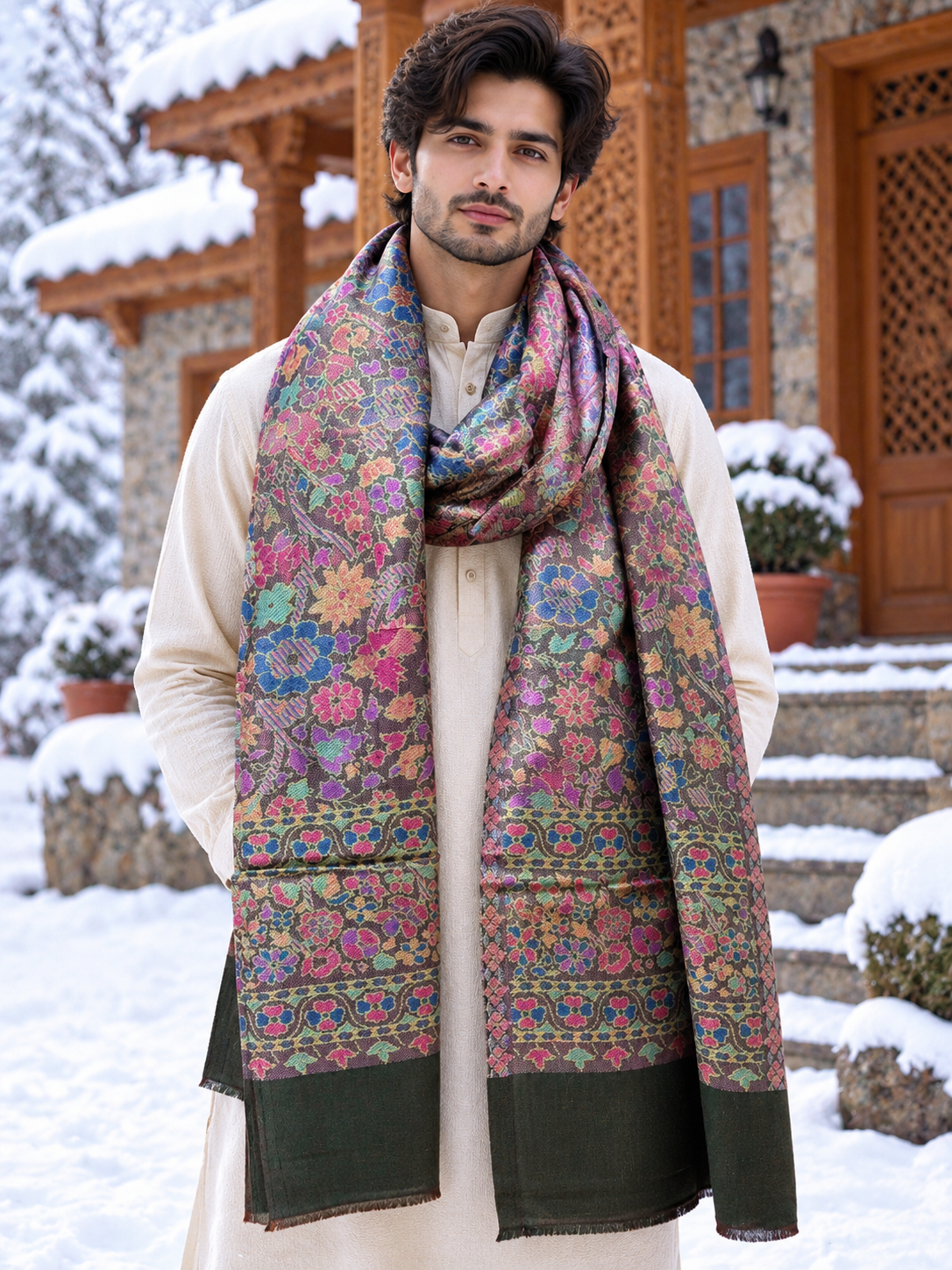 Jamavar deep hues paisley border cashmere scarf
