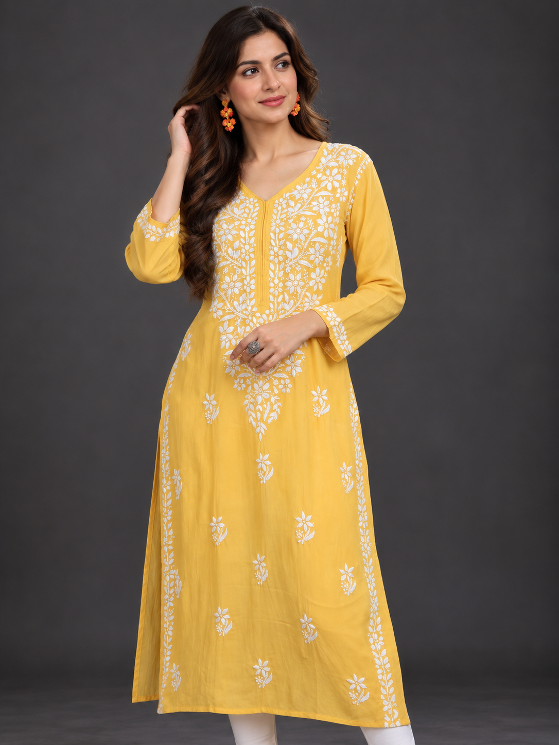 Lilah corn yellow rayon chikankari kurti2