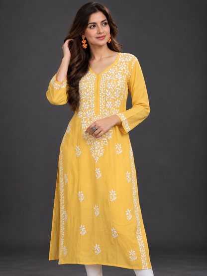 Lilah corn yellow rayon chikankari kurti2