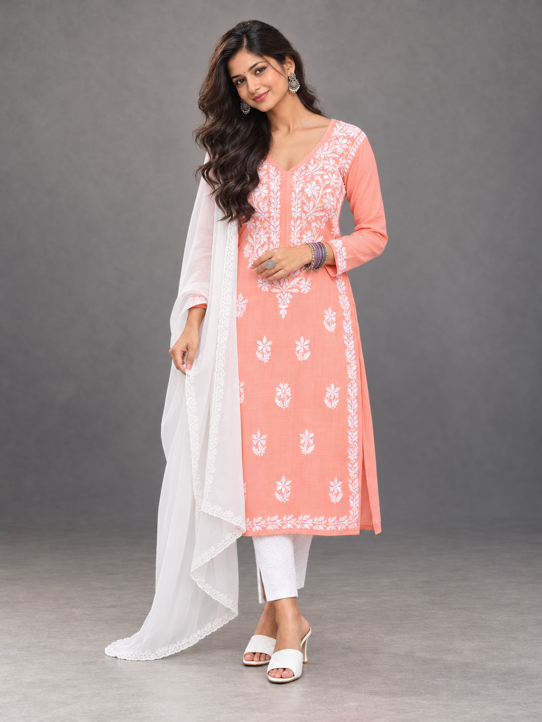 Lilah peach chikankari kurti by Masnavi