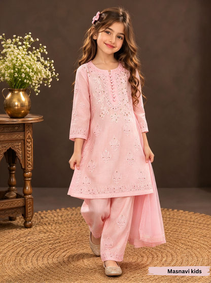 Hom little Cinderella  blush pink chikankari chanderi dress set