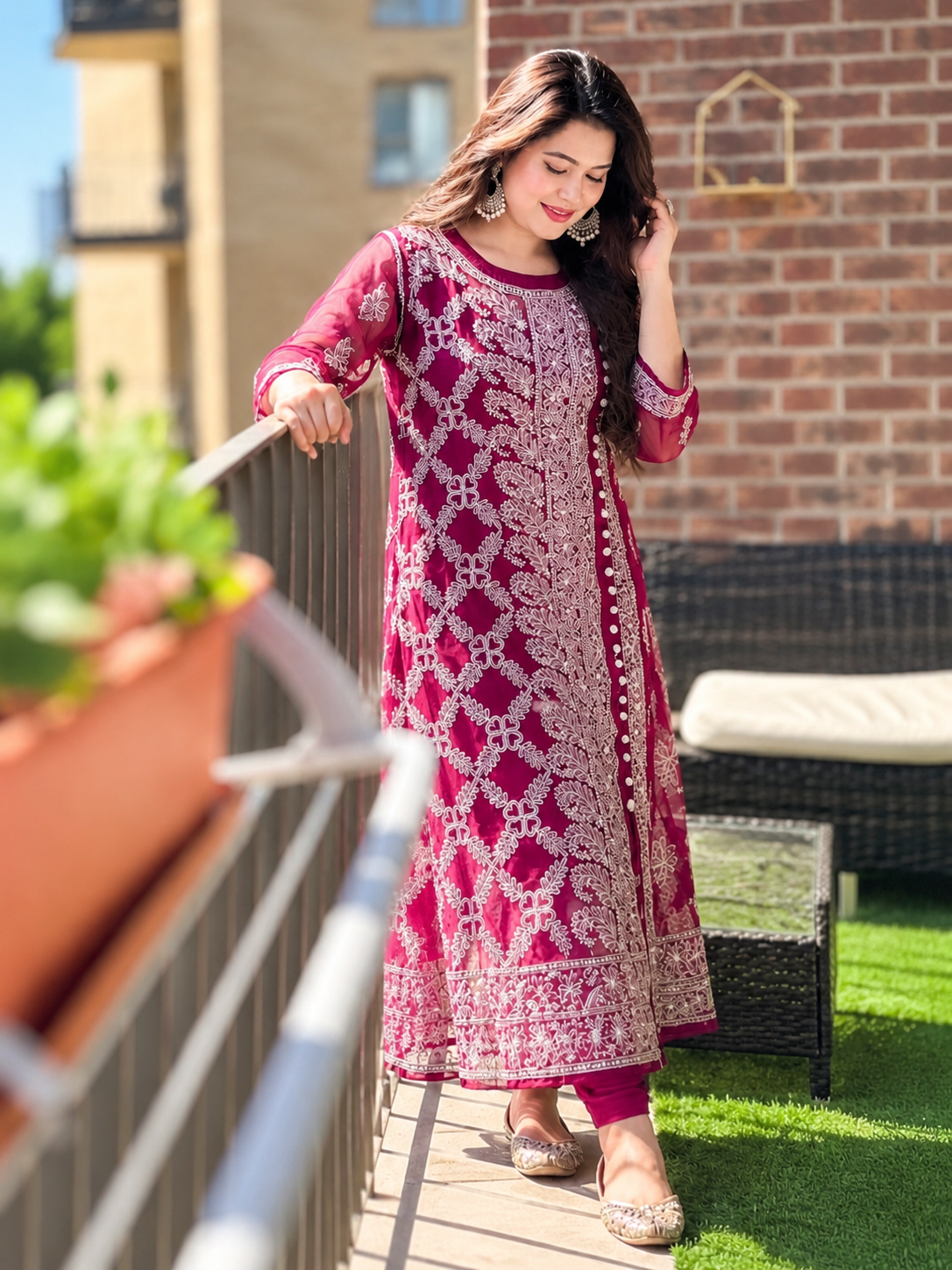 Maheroo chikankari georgette angrakha maroon kurti set