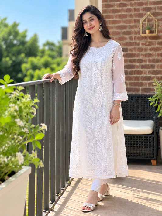 Maheroo chikankari georgette angrakha white kurti set