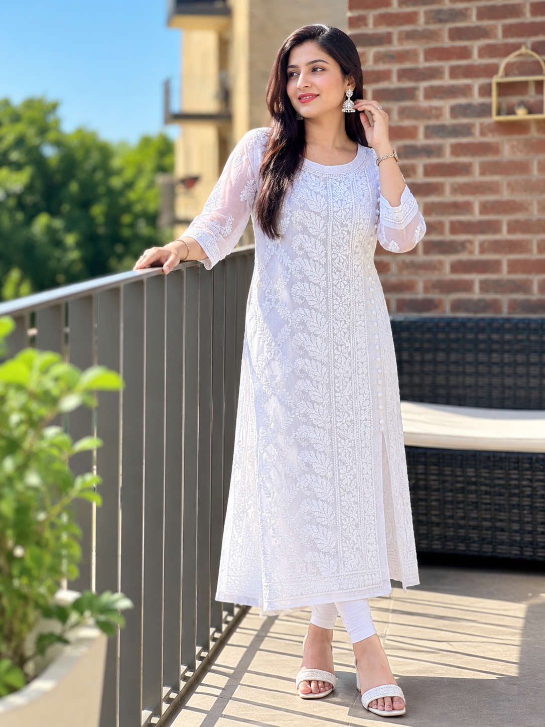 Maheroo chikankari georgette angrakha white kurti set
