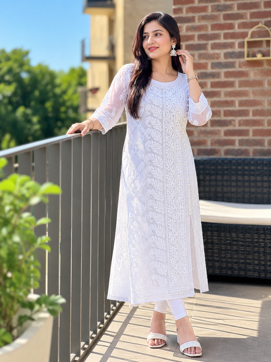 Maheroo chikankari georgette angrakha white kurti set