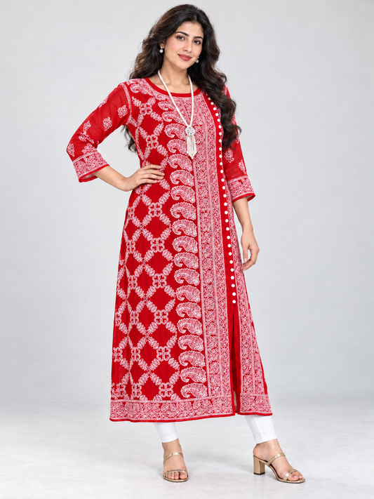 Maheroo chikankari red angrakha kurti