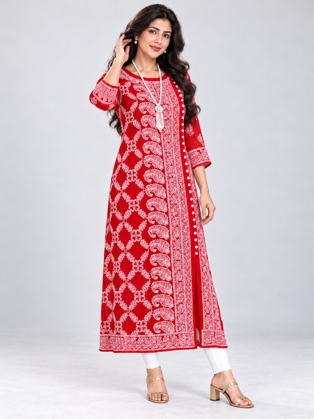 Maheroo chikankari red angrakha kurti