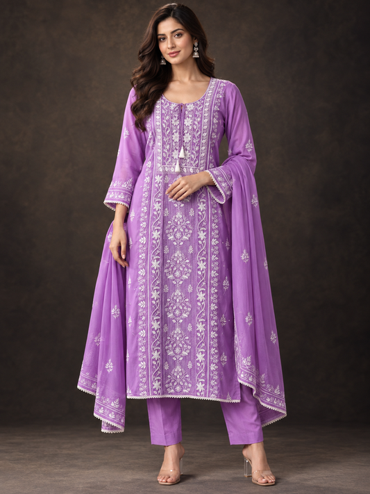 Mahira Organza lavender chikankari set