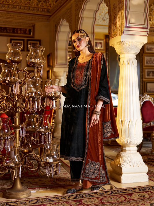 Makhmali Embroidered Velvet Suit set- Persian Blue