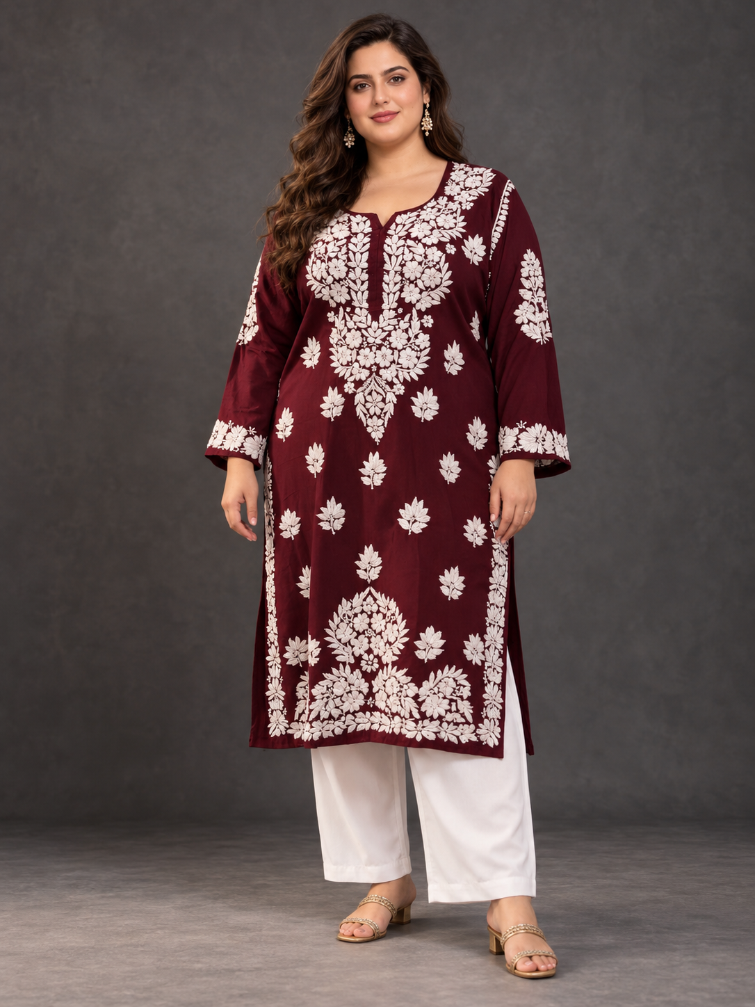 Shokh Maroon plus size chikankari modal kurti