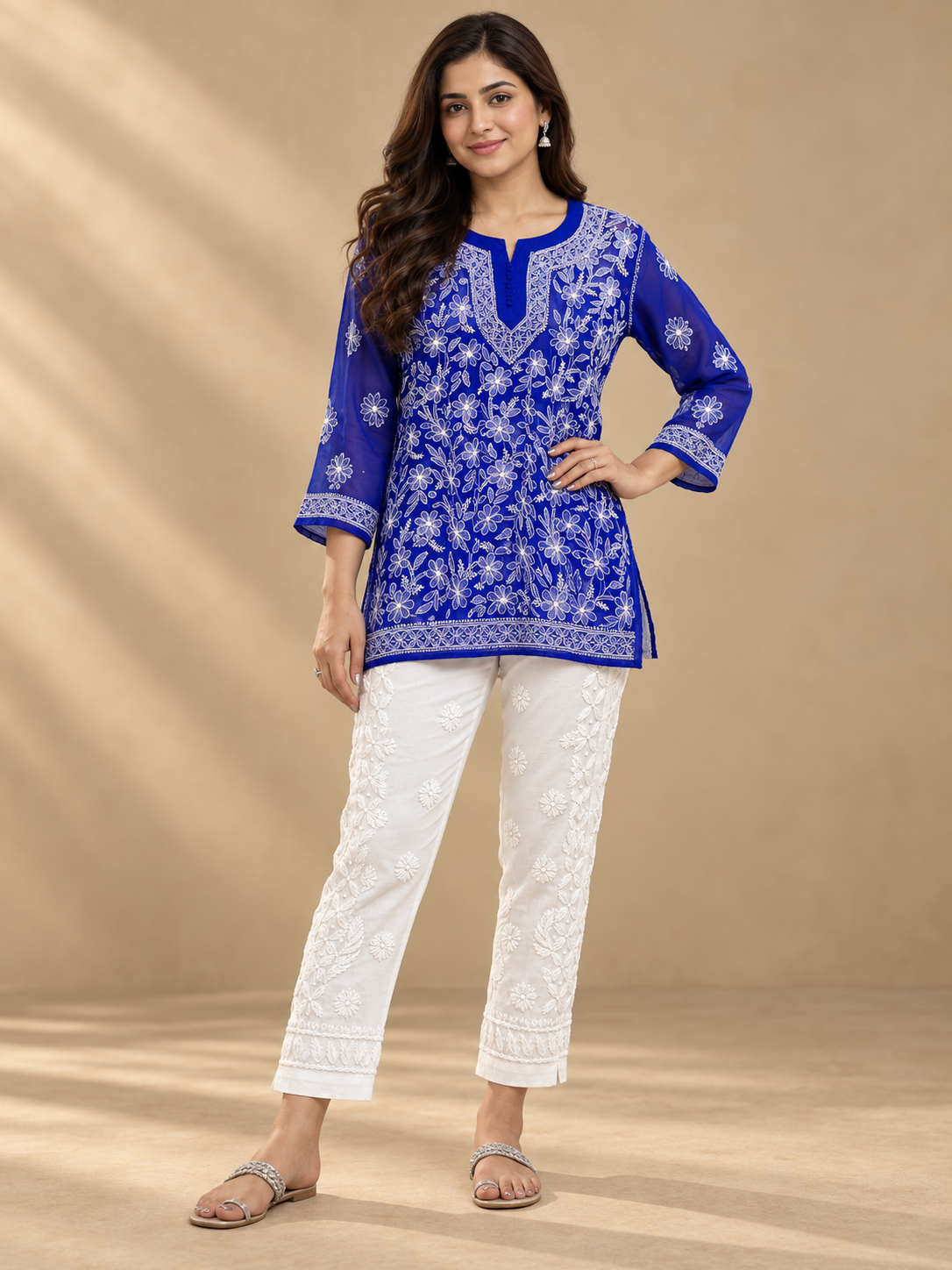 Masnavi Forever short georgette ink blue chikankari kurti