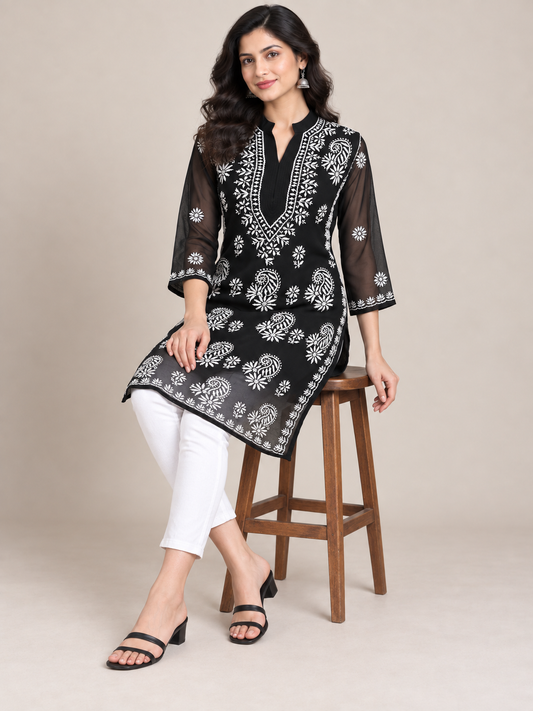 Masnavi forever georgette black chikankari kurti