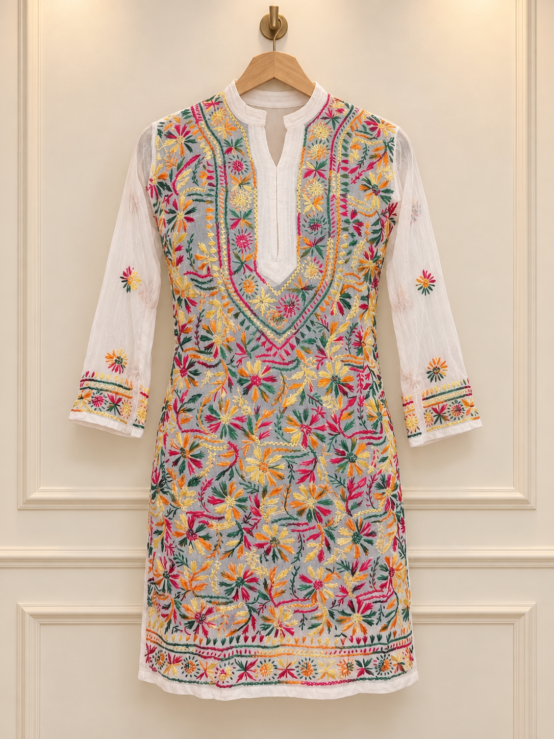 Forever georgette chikankari short top multi white by Masnavi
