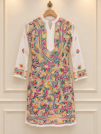 Forever georgette chikankari short top multi white by Masnavi