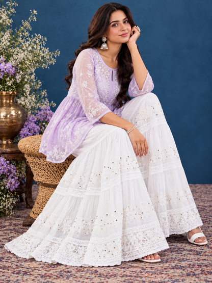 Masnavi georgette chikankari sharara white