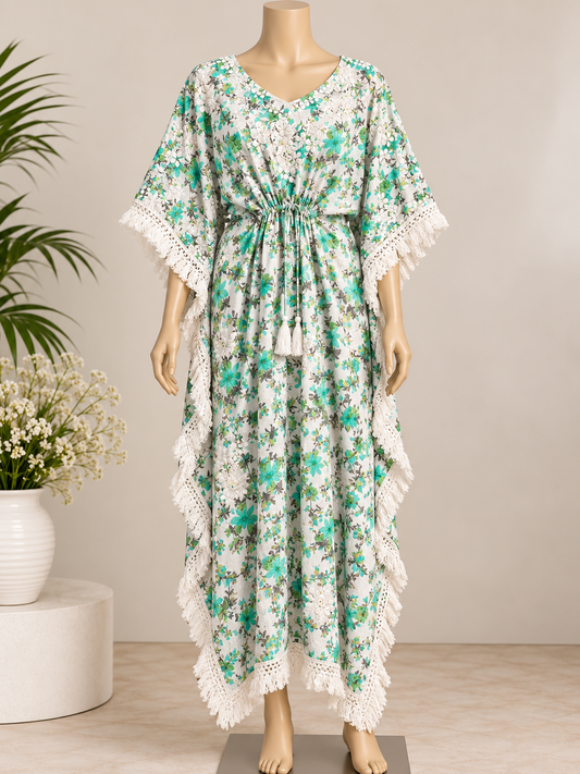 Breeze Cotton Chikankari Kaftan - Pastel Green Floral