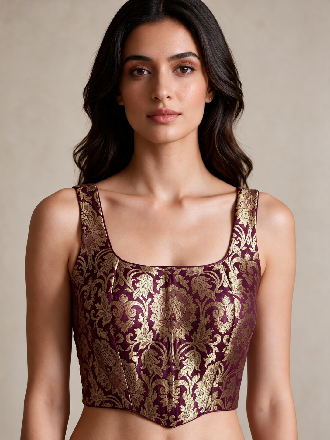 Mia corset brocade blouse by Masnavi to match with skirt, pants, lehanga and saress.
