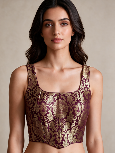 Mia corset brocade blouse by Masnavi to match with skirt, pants, lehanga and saress.