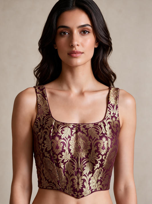 Mia corset brocade blouse by Masnavi to match with skirt, pants, lehanga and saress.