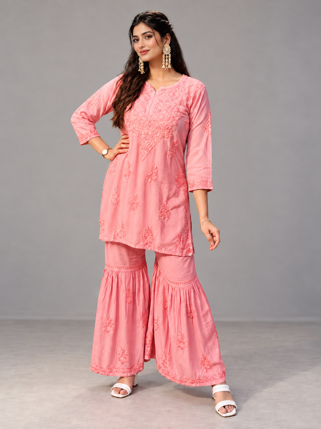 Masnavi maslin chikankari peach sharara set
