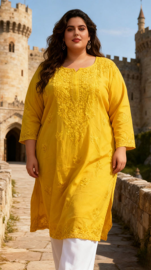 Masnavi plus size chikankari Modal yellow  kurti