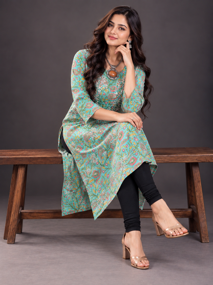 Raima green printed cotton long straight kurti
