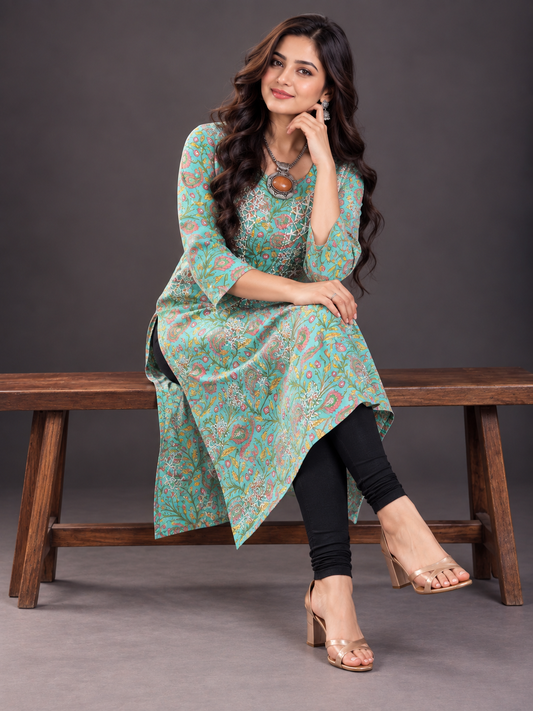 Raima green printed cotton long straight kurti