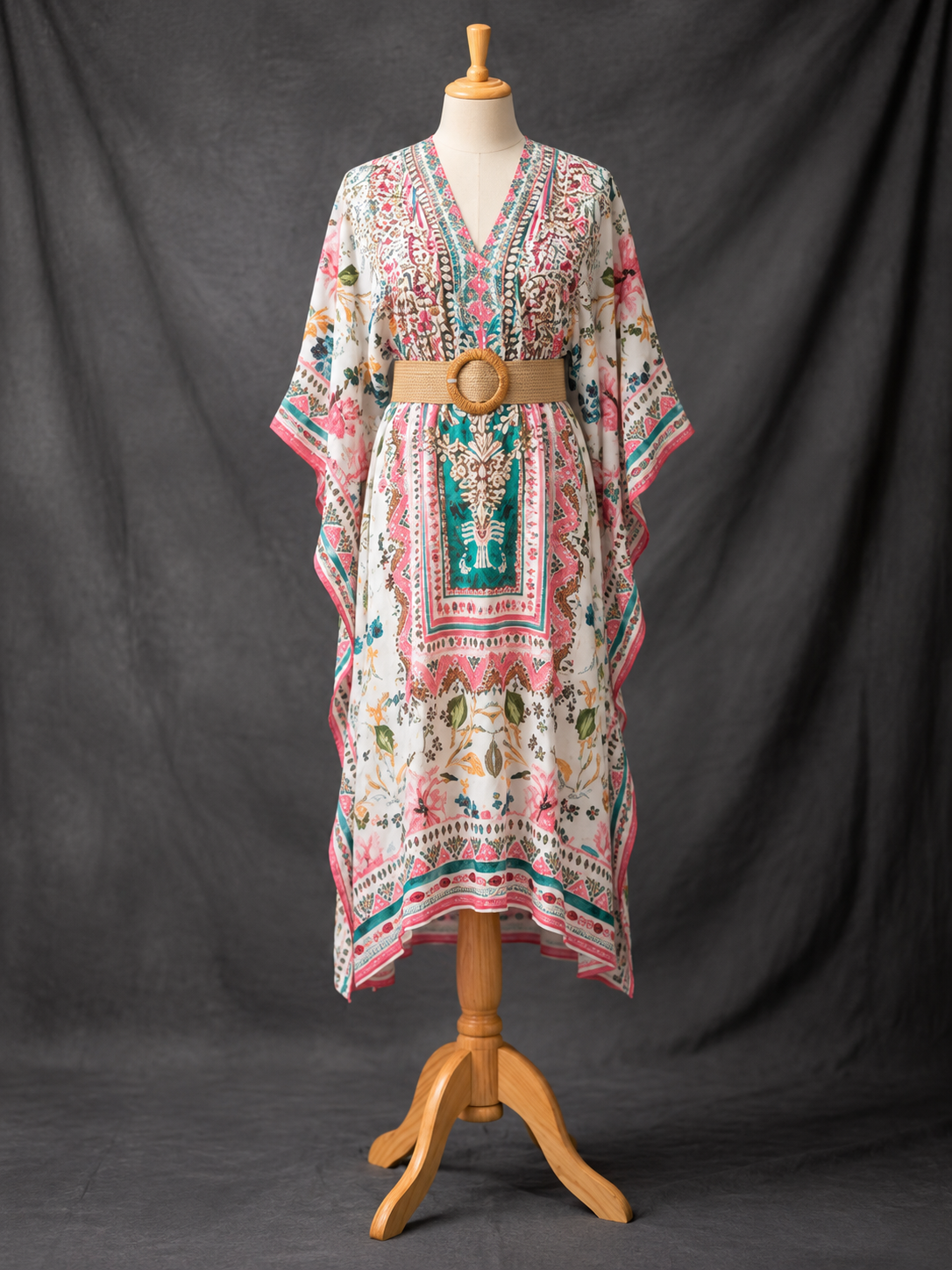 Masnavi silk-D Chikankari Kaftan - Ivory Bohemian Print