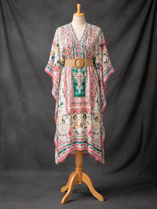Masnavi silk-D Chikankari Kaftan - Ivory Bohemian Print
