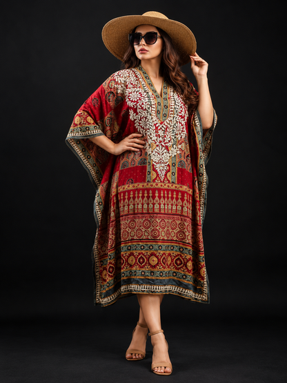 Masnavi silk-D chikankari Kaftan - Crimson Heritage Print